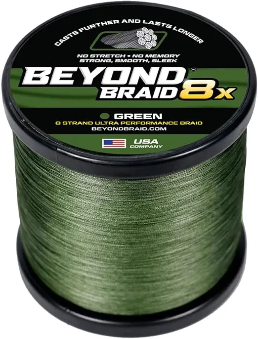 Beyond Braid Braided Fishing Line -Super Strong - Abrasion Resistant - No Stretch -Blue Camo, Moss Camo, White, Green, Pink, Blue, 4 Strand 8 Strand