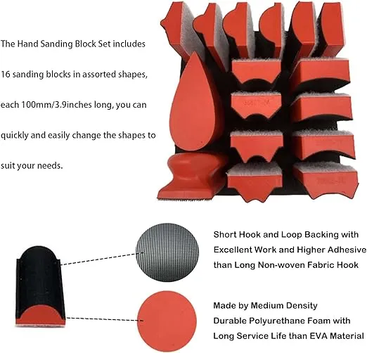 Hand Sanding Block Set of 16,Interchangeable Assorted Contoured Profile Sanding Pad Kit,Hook and Loop Abrasive Sanding Chassis for Sand Wood Furniture, Auto Paint and Crafts,Red