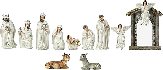 Glitzhome Christmas Nativity Set Nativity Scene Set Indoor 8 in Resin Nativity Figurines Set 11 Pcs Removable Angel Statue Ivory Nativity Sets & Figures Christian Holy Family Figure with Baby Jesus