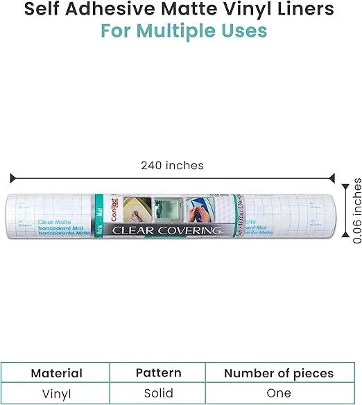 Con-Tact Brand Creative Clear Covering, Versatile and Self-Adhesive Shelf Liner, Ideal Privacy Film, Protective Clear Vinyl, 18'' x 50', Matte