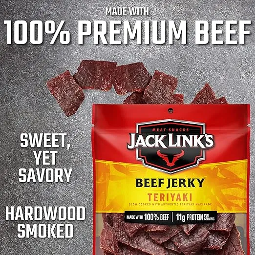 Jack Link's Beef Jerky, Teriyaki Flavor, 2.85 Oz - Flavorful Meat Snack, 11g Of Protein And 80 Calories, Made With 100% Beef - No Added MSG Or Nitrates/Nitrites