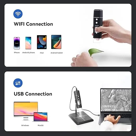 TOMLOV DM1 Wireless Digital Microscope with Stand, 8 LED Lights, WiFi Portable Handheld USB HD Inspection Trichome Coin Microscope Camera Magnifier for iPhone iPad Android Phone & Computer