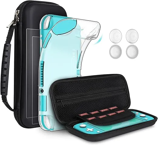 GeeRic 8PCS Case Compatible with Switch Lite, Accessories Kit 1 Soft Silicon Case + 2 Screen Protector + 4 Thumb Caps + 1 Storage Carrying Black