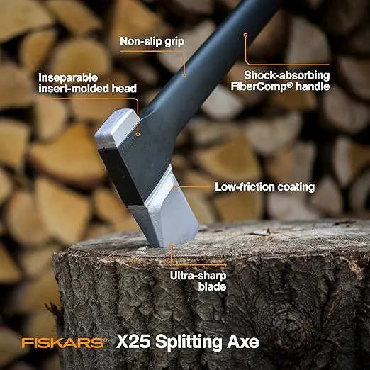 Fiskars X25 Splitting Axe - 28" Wood Splitting Axe for Medium to Large Size Logs with Shock-Absorbing Handle and Axe Sheath - Split Firewood - Forged Steel Blade - Bushcraft Gear and Camping Axe