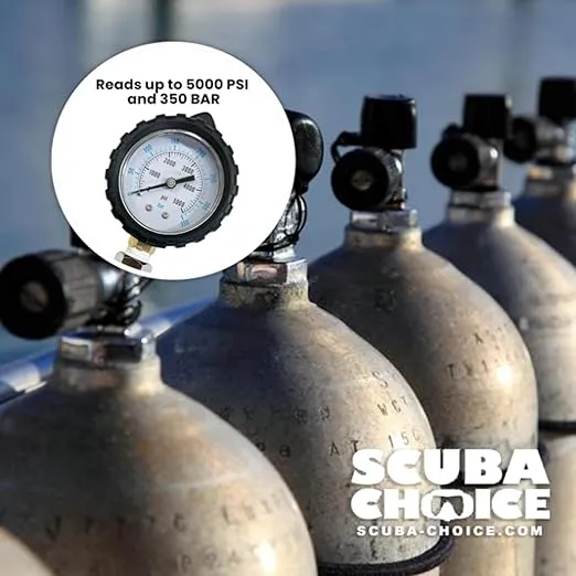 Scuba Choice Scuba Diving Yoke Tank Pressure Checker 5000 PSI 350 BAR – Accurate Pressure Gauge for Yoke Valve Tanks 7" Long 2-1/4" Wide – Made in Taiwan