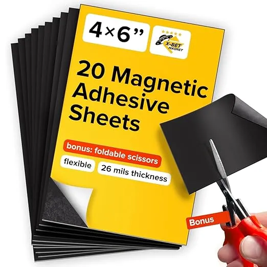 Magnetic Sheets with Adhesive Backing - Each 4" x 6" 20 PCs - Flexible Magnetic Paper with Strong Self Adhesive - Sticky Magnet Sheets for Photo and Picture Magnets, Stickers and Other Craft Magnets