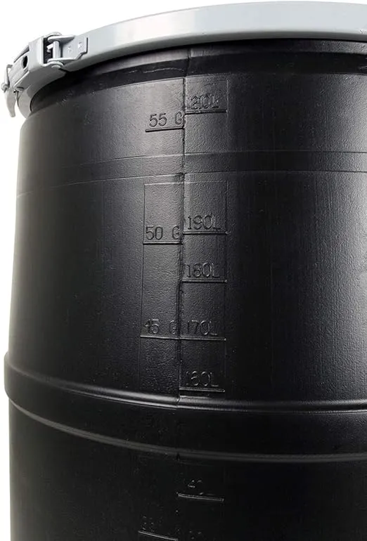 Hydrofarm Active Aqua DRM58T 55 Gallon Drum Hydroponic Reservoir with Pre-Drilled Holes Cover Lid and Bolt Ring Closure, Black