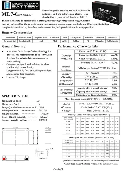 ML7-6 6V 7AH SLA Battery F1 Terminal - PACK OF 9
