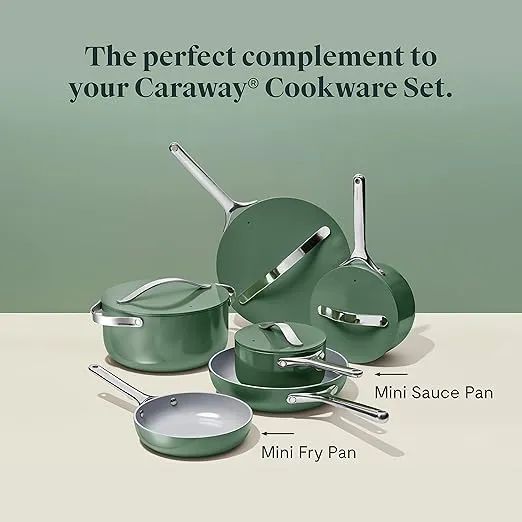Caraway Mini Cookware Set - Non-Stick Ceramic Fry Pan (1.05 qt, 8") Sauce Pan (1.75 qt) & Storage Rack - Non Toxic, PTFE & PFOA Free - Oven Safe & Stovetop Agnostic (Gas, Electric & Induction) - Sage