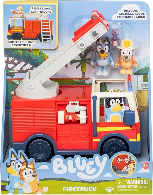 Bluey Firetruck | Firetruck, Exclusive Firefighter Bingo and Bob Bilby Figures | Raise The Ladder, Spin It Around and Roll Out The Hose | Includes Sticker Sheet
