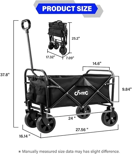 Collapsible Wagon Cart Black Foldable Utility Cart for Shopping, Camping, Sports and Garden, 100lbs Mini Home Folding Wagon Cart