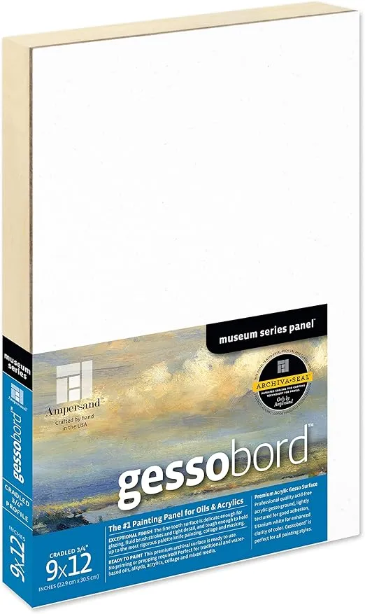 Ampersand Art Supply Gesso Wood Painting Panel: Museum Series Gessobord, 9" x 12", 3/4" Cradled Profile