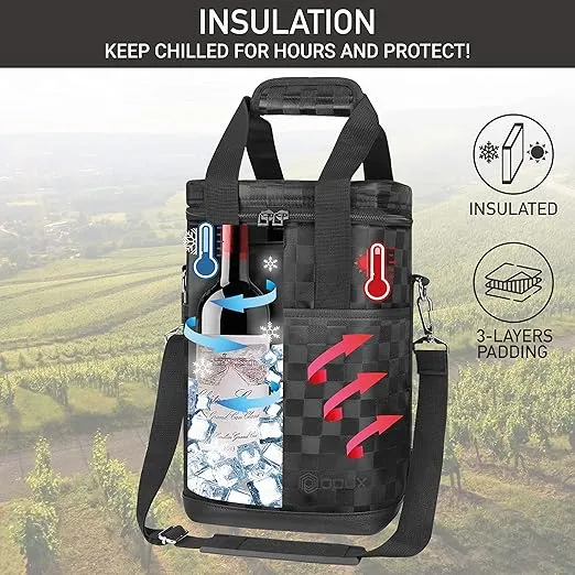opux Wine Bag, 4 Bottle Wine Cooler Bag, Insulated Wine Tote Carrier for Travel Picnic BYOB, Leakproof Padded Portable Wine Bottle Bag for Wine Lovers Gift Women Men Christmas (Black Square)