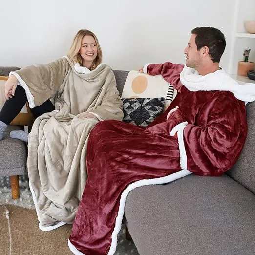 Catalonia Sherpa Wearable Blanket with Sleeves Arms, Comfy Sleeved TV Wrap Blanket, Large Snuggly Throw for Women and Men, Gift for Her