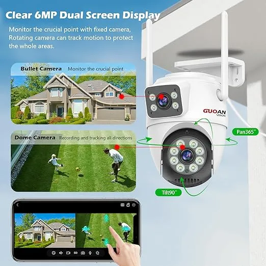 Security Camera Outdoor,【6MP Dual Lens】WiFi Outside Camera for Home Security with Power Cord, 360° View, Auto Tracking, Human Detection, Color Night Vision, IP66 Waterproof, 24/7 Record, SD/Cloud