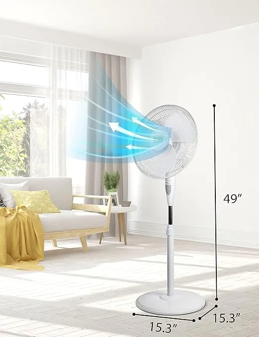 BLACK+DECKER 16" Stand Fan with Pedestal Base, Height Adjustable Pedestal Fan with Remote and Touch Control Panel, Free Standing Fan with 90-Degree Oscillating and 3-Speed Settings, White