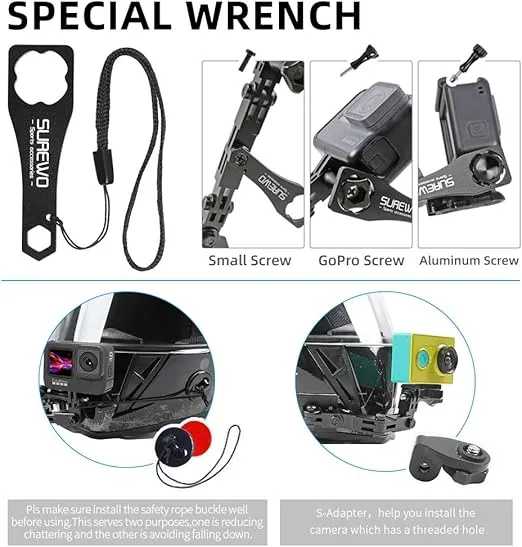 SUREWO Aluminum Motorcycle Helmet Chin Mount Compatible with GoPro Hero 13/12/11/10/9/8/7/6/5 Black,DJI Osmo Action 5 pro/3/2/AKASO/Campark and More