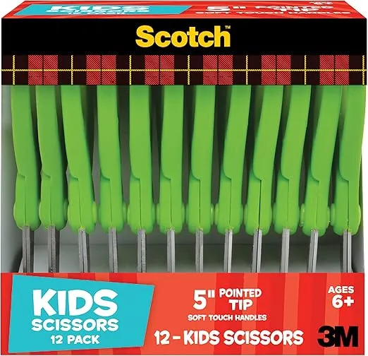 Scotch 5-Inch Soft Touch Pointed Kid Scissors, 12 Count Teacher Pack, Green, Pack of 6