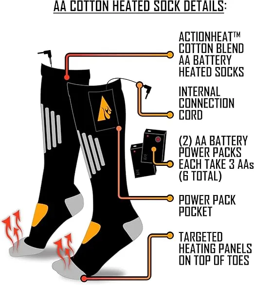 ActionHeat AA Battery Heated Socks - Unisex Cotton Warm Socks w/ Built-in Heat, FIR Heat Technology, Heating Socks XXL
