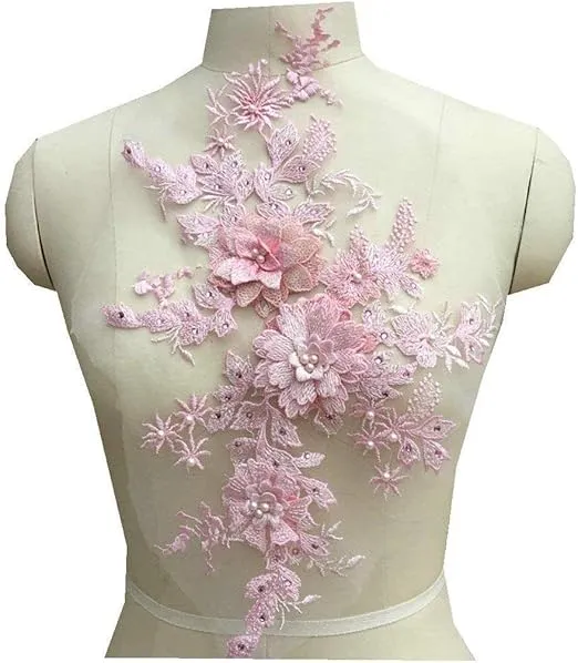 Colorful 3D Flower Embroidery Patches Bridal Floral Lace Sewing Fabric Applique with Beaded Pearl Decor Tulle DIY Wedding Stage Dress