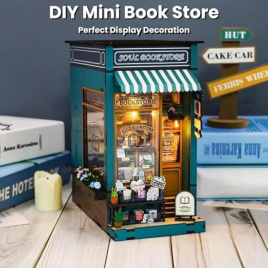 MEINESQIS Book Nook DIY Miniatures Book Nook Kit Store 3D Creative Decorative Bookend Bookshelf Insert Wooden Puzzle with Led Suitable for Teenagers Adults Halloween Christmas Decoration Gifts, Blue