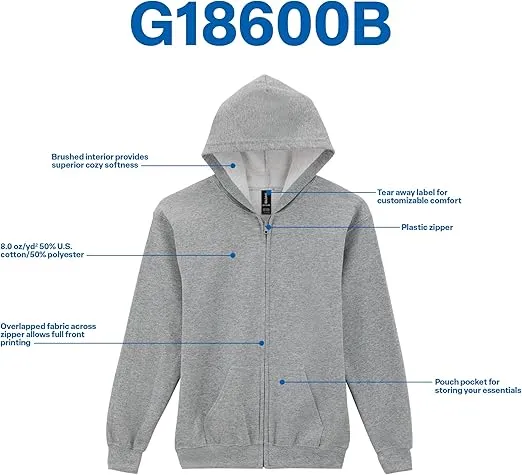Gildan Kids' Full Zip Hoodie Sweatshirt, Style G18600B