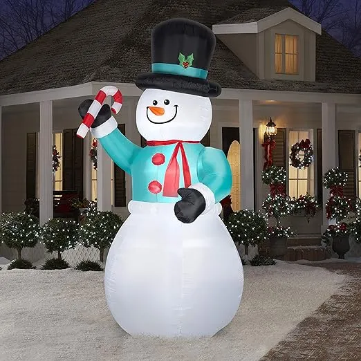 Gemmy Snowman with Candycane Christmas Inflatable Multicolored Fabric 71.65X64.17X144.09 in.