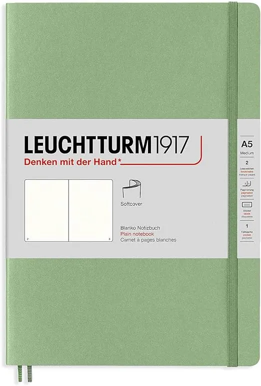 LEUCHTTURM1917 - Notebook Softcover Pocket A6-123 Numbered Pages for Writing and Journaling (Plain, Sage)