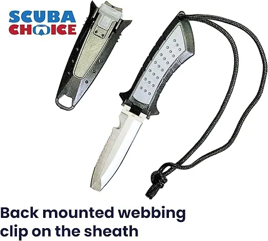 Scuba Choice Diving BCD Knife, Low Volume Blunt Tip, Nos 304 Stainless Steel Blade, 2-3/4" Compact Design, Black - Durable Sheath, Webbing & Hose Clip