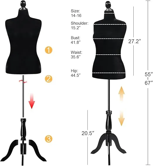 Bonnlo Female Dress Form Pinnable Mannequin Body Torso with Wooden Tripod Base Stand (Black, 14-16)