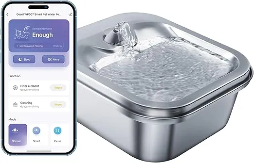 Geeni PetConnect Smart Pet Water Fountain Stainless Steel - 4L Automatic Filtered Water Bowl for Cats and Dogs, Wi-Fi Controlled, Alexa & Google Home Compatible, Clean and Fill Alerts