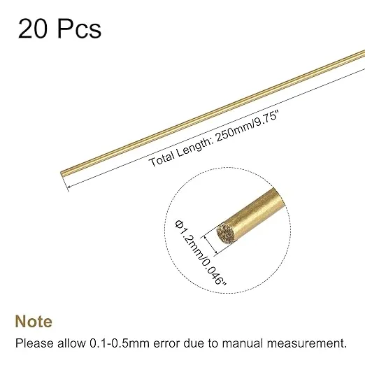 MECCANIXITY Brass Rod,Brass Solid Round Rod 1.2mm/0.05inch Diameter 250mm Length Lathe Bar Stock for RC Model DIY Craft Pack of 20