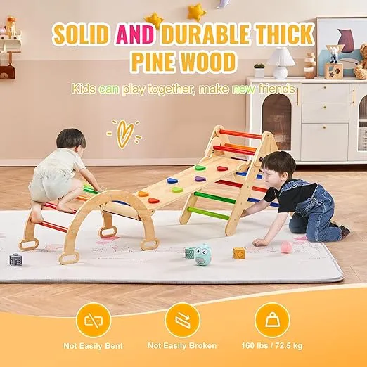 VEVOR Pikler Triangle Set Climber 5 in 1, Toddler Climbing Toys Indoor Folding with Arch&Ramp&Ladder for Montessori Play Gym for Toddlers and Kids, Rainbow, Medium Size