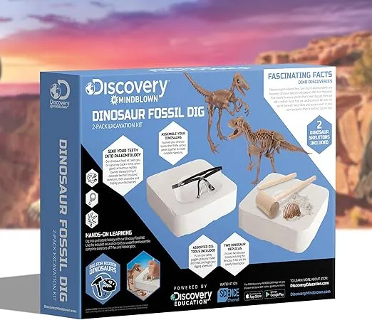 Discovery #MINDBLOWN Dinosaur Fossil Dig Excavation Kit, 15-Piece T-Rex & 10-Piece Velociraptor, 3D Skeleton Puzzle Display Models, Includes Tools & Safety Glasses, Jurassic Dino Toy for Kids