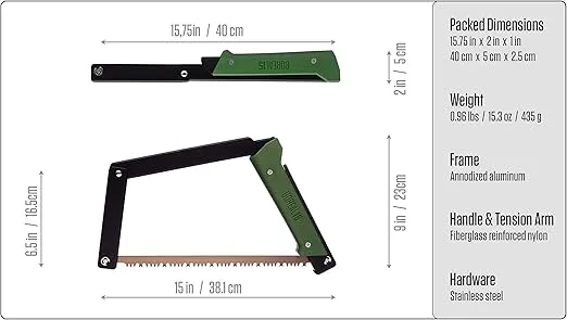 AGAWA - BOREAL15 -> 15 Inch Folding Bow Saw (Black Frame - Green Handle - All Purpose Blade)