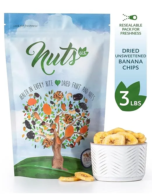 NUTS U.S. - Banana Chips | Dried and Sweetened | All Natural | Vegetarian |Non GMO and Gluten Free | Packed in a Resealable Bag!!! (3 LBS)