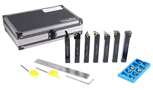 Accusize Industrial Tools 7-Ps Indexable Carbide Turning Tool Set, 1/2" Shank, C6 Grade TiN Coated Inserts, w/ 10 Replacement Inserts, 2387-2004PLUS