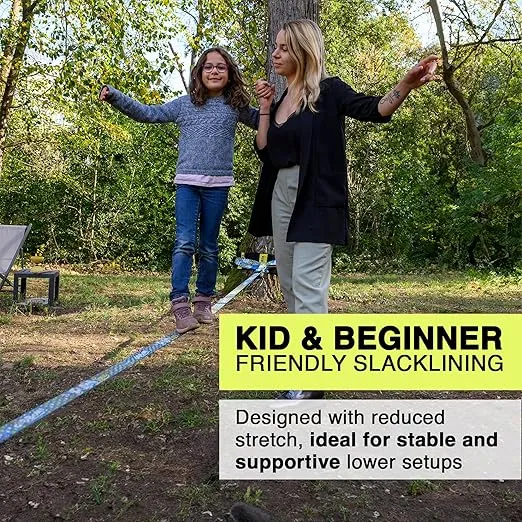 GIBBON FunLine Slackline with TreeWear - Beginner & Kids Slack Line 49ft (41ft line + 8ft Ratchet Strap with Reinforced Loop), 2" Line