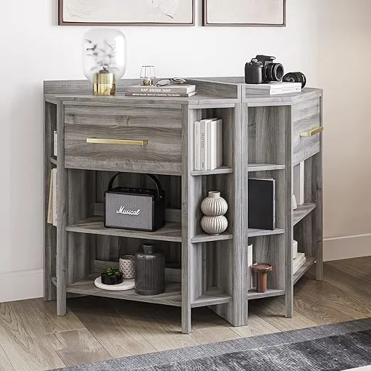 BELLEZE Corner Cabinet with Ultra-Fast USB Type A/C Outlet, Corner Table with 1 Storage Drawer and 8 Shelves, Store and Organize Home Furniture for Bedroom, Living Room Small Space - Sonoma (Gray)