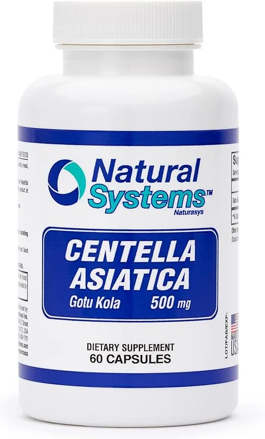 Centella Asiatica Capsules 500 mg 60 Capsules by Natural Systems - Gotu Kola Herb Moisturizer for Your Skin - Gotu Kola Capsules Extract Also Beneficial for Calming Mind Tiredness