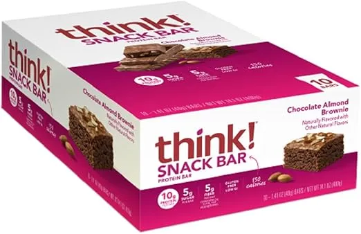 think! Protein Bars with Chicory Root for Fiber, Digestive Support, Gluten Free with Whey Protein Isolate, Chocolate Almond Brownie, Snack Bars without Artificial Sweeteners, 1.4 Oz (10 Count)
