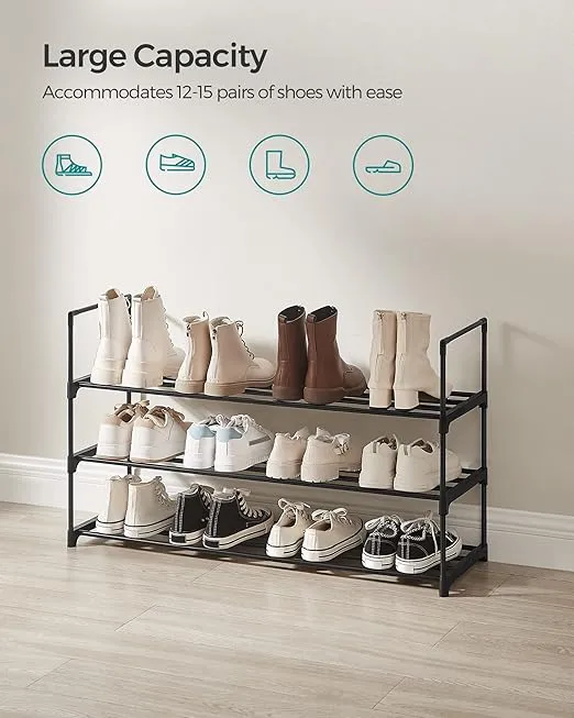 SONGMICS Shoe Rack, 3 Tier Shoe Organizer, Metal Shoe Storage Shelf for 15 Pairs of Shoes, Easy to Assemble, Entryway, Black ULSA303B02