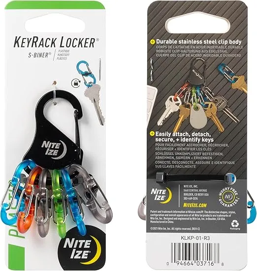 Nite Ize KeyRack Steel S-Biner - Plastic Key Carabiner Organizer with 6 S-Biners - Keychain Accessories to Hold Keys Securely and Separately