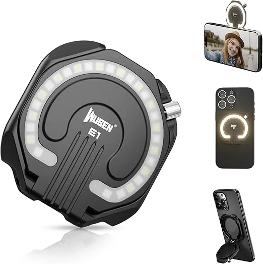 WUBEN E1 Selfie Light, Rechargeable LED Phone Light with Magnetic, Portable Photo Light, 3000-6000K Adjustable Color Temperature Cell Phone Light for Selfie, TikTok, Vlog Video Fill Light (Black)