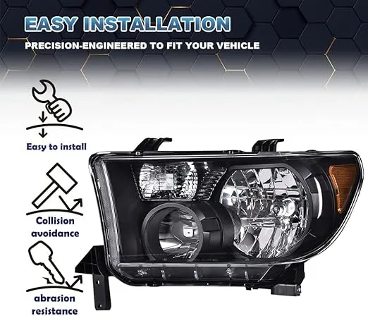 PIT66 Headlights, Compatible with 2007-2013 Toyota Tundra Compatible with 2008-2017 Toyota Sequoia Passenger Side Headlamps Assembly Halogen Clear Lens Black Housing Amber Reflector