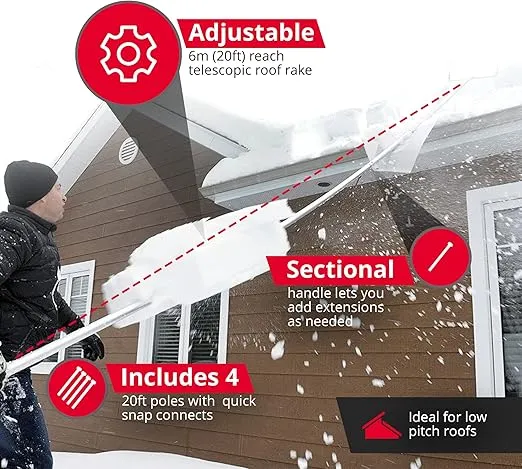 SNOWPEELER Classic Roof Rake for Snow Removal - 20 ft. Roof Snow Removal Tool - Snow Rake for House Roof - Snow Roof Rake - Snow Removal for Roof - Telescopic Heavy Duty Snow Shovel for Rooftop
