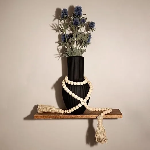 Ornativity Farmhouse Beads Wooden Garland- Wood Prayer Bead Garland with Tassels Boho Rustic Accented Home décor Country Style Hanging Beads 60 inches (Natural Wood)