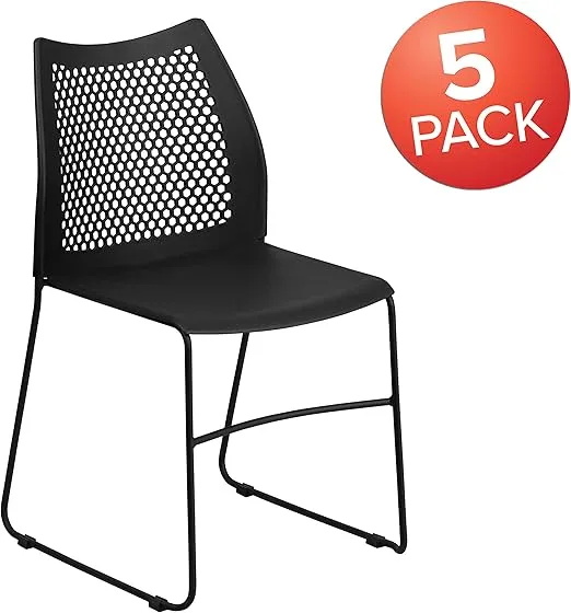 Flash Furniture Hercules Series Contoured Lobby Chairs with Air-Vent Honeycomb Backs, Ergonomic Stacking Chairs for Offices, Set of 5, Black