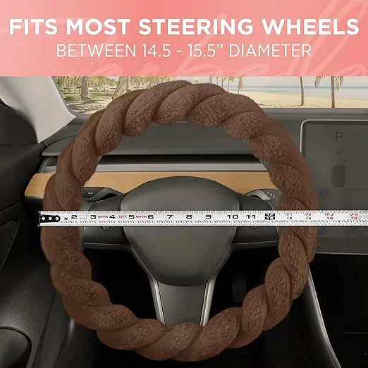 Twisted Fur Brown Soft Steering Wheel Cover, Standard 15 Inch Size Fits Most Vehicles, Fuzzy Fluffy Car Steering Cover with Soft Faux Fur Touch, Car Accessories for Women