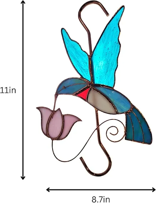 Plant Hanger Hook, Hummingbird with Pink Flower, Stained Glass Plant Hook for Indoor and Outdoor Use, Copper S Hooks Top and Bottom